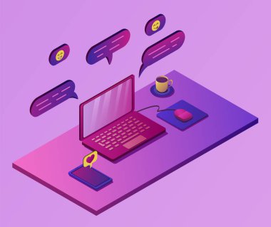 İzometrik görünümde masaüstü. Dizüstü bilgisayardan gelen yazışmalar. Masada bir fincan çay. Pembe ve mavi renkli parlak illüstrasyon
