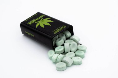 Zurich, Switzerland - November 8, 2020: A box of cannabis dragees from Euphoria company