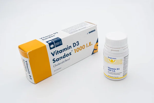 Zurich, Switzerland - November 8, 2020: Different boxes of vitamin D3 pills