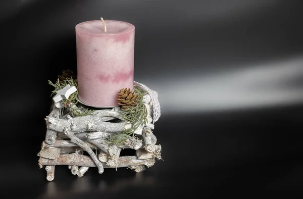 Decorative Christmas Composition Purple Candle Black Background — Stock Photo, Image