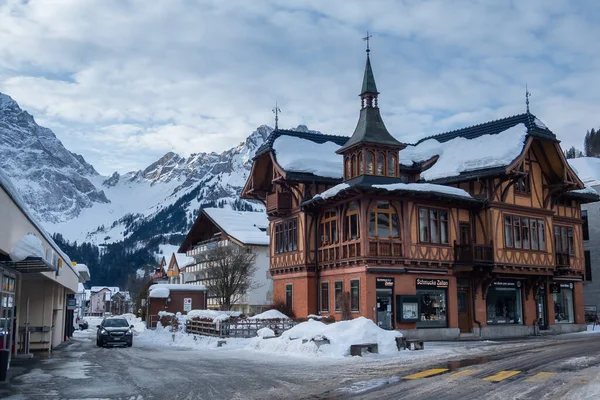 Engelberg Švýcarsko Ledna 2021 Historická Budova Staré Části Švýcarského Zimního — Stock fotografie