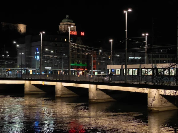 Zurich Switzerland February 2021 Night View Bridge River Limmat Old — Stock Photo, Image