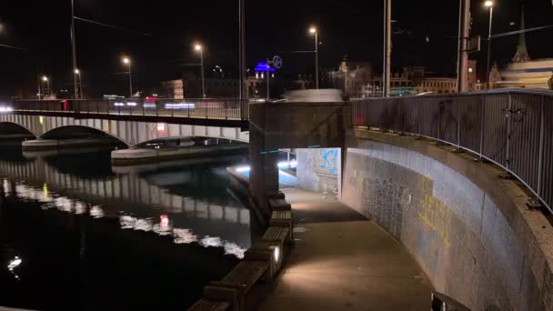 Zurich Switzerland February 2021 Time Lapse Illuminated Bridge Night Crosses — Stock Video