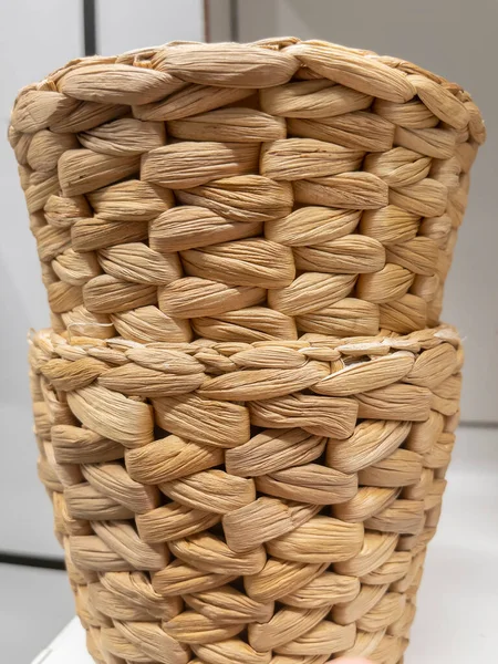 Closeup Decorative Wicker Baskets Store Shelf — Stock Photo, Image