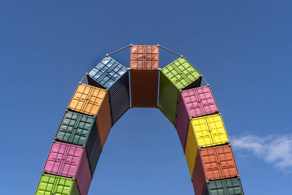 Le Havre, France - August 8, 2021: Contemporary colorful installation Catene de Containers by Vincent Ganivet in Southampton port of Le Havre, France, to commemorate city's 500th anniversary