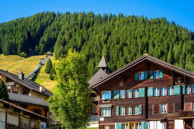 Bir sepet dekoratif sepet, tekne şeklinde, canlı çiçeklerle dolu, taştan bir duvarın üzerine yerleştirilmiş ortaçağ taşından bir bina..