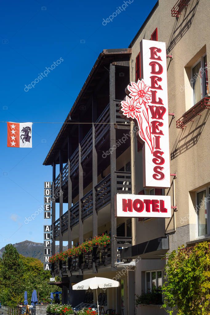 Murren, Switzerland - October 2, 2025: Hotel Edelweiss and Hotel Alpina are charming, family-run hotels located in the picturesque car-free village of Murren.