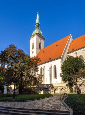 Bratislava 'da ağaçlar ve açık mavi gökyüzü ile çevrili tarihi bir St. Martin katedrali.