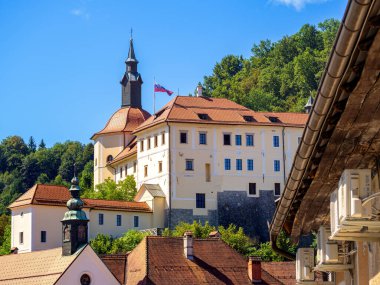 Poitiers 'de sakin bir Clain nehrinin üzerindeki taş bir köprünün manzarası. Mavi gökyüzünün altındaki tarihi binaların ve yemyeşil çimlerin yansımaları..