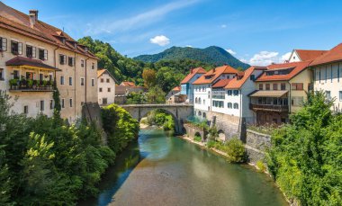Poitiers 'de sakin bir Clain nehrinin üzerindeki taş bir köprünün manzarası. Mavi gökyüzünün altındaki tarihi binaların ve yemyeşil çimlerin yansımaları..