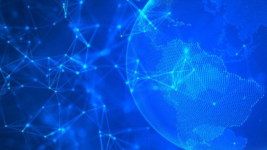 Dünya Çapında Ağ. Üçgenleri bağlıyorum. Yeryüzünün küresi. Uzayda soyut bir gezegen. 3d oluşturma