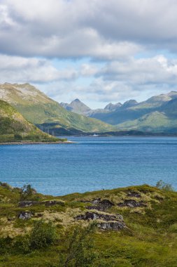 Renkli yaz manzarası ile keskin dağ zirveleri Norveç'te.
