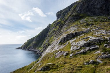 Renkli yaz manzarası ile keskin dağ zirveleri Norveç'te.