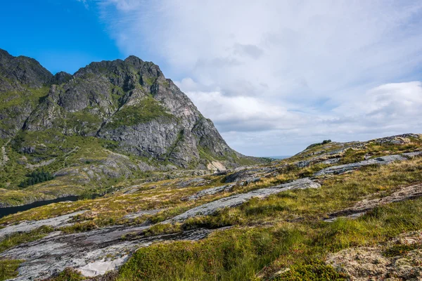 Farbenfrohe Sommerlandschaft mit Bergen und Wasser in Norwegen. — Stockfoto