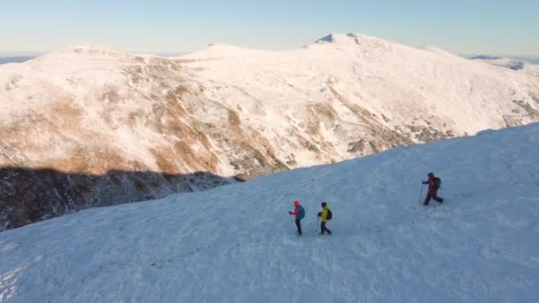 3人の旅行者が山から降りてくる。石の間の急な道を行きなさい。空中風景. — ストック動画