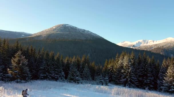 Four travelers pass by a large mountain. People conquer the snow-capped peaks of winter mountains. Aerial view. — Stock Video