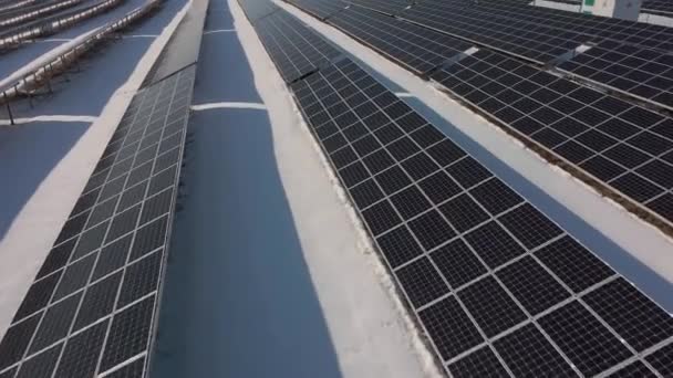 Solpaneler kraftverk i öknen på vintern morgon antenn utsikt — Stockvideo