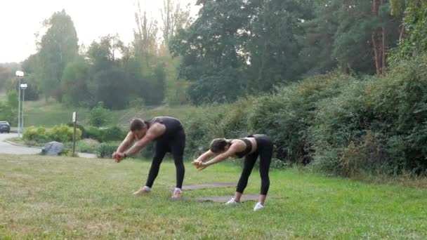 Fitness Stretching Oefening Het Park Fitnesstraining Voor Mannen Vrouwen Buiten — Stockvideo