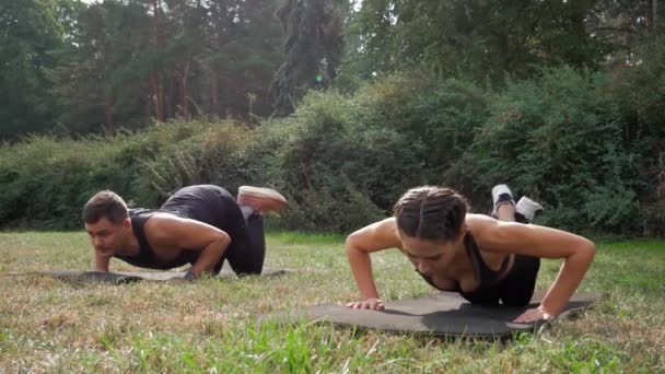 Fit Duas Flexões Livre Fitness Família Push Ups Exercício Parque — Vídeo de Stock
