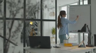 İş kadını istatistik grafiği sunuyor. Çevrimiçi iş sunumu