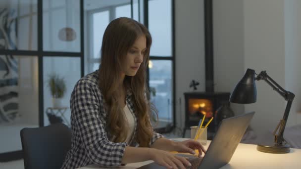 Бизнесвумен с ноутбуком в современной квартире. Женщина работает ноутбук в доме — стоковое видео