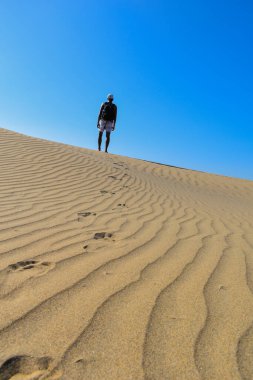 Yalnız gezgin sırt çantasıyla çöl kum tepelerinde yürüyor..
