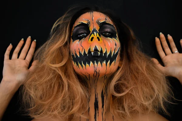 Roodharige Vrouw Zwart Oranje Make Voor Halloween — Stockfoto