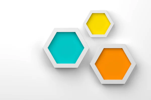 Volumetric colored hexagons on a light background. Places to fill with text.