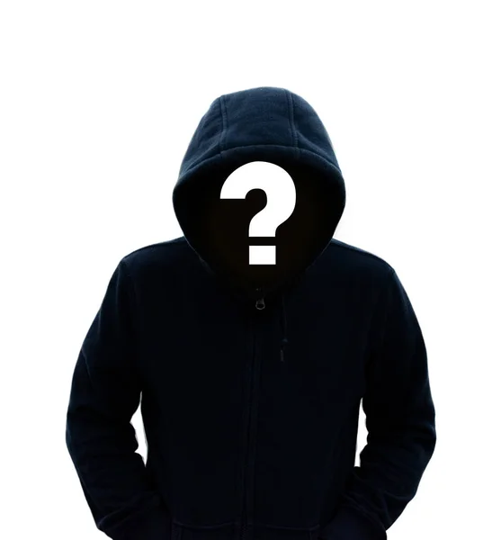 Kapüşonlu Gizemli Bir Adam Yüzünü Görmüyor Kaputunda Beyaz Bir Soru — Stok fotoğraf