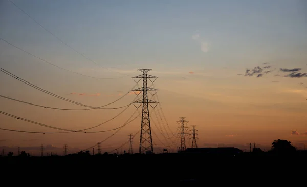 Postes Alto Voltaje Atardecer —  Fotos de Stock