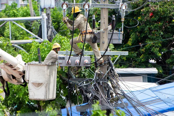 Los Trabajadores Electricidad Ayudan Reparar Mantener Sistema Línea Alta Tensión —  Fotos de Stock