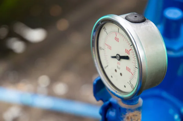 Manómetro Azul Para Medir Presión Depósito Gas Cocción Punto Servicio — Foto de Stock