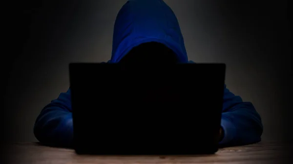 Man wears a blue hooded shirt in front of a laptop computer. Hacking ideas, computer theft to damage