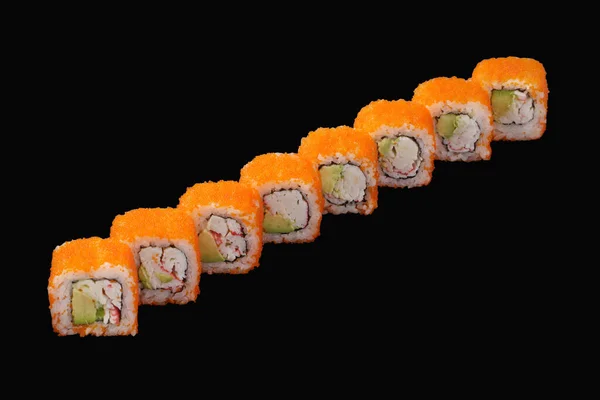 Sushi Roll Met Sneeuwkrab Avocado Masago Kaviaar Japanse Mayonaise Geïsoleerd — Stockfoto