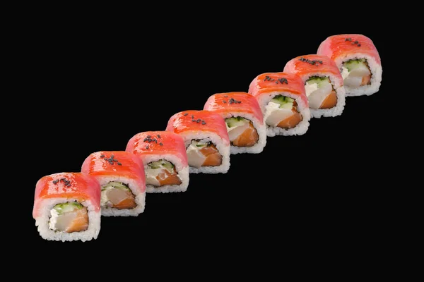 Rollo Sushi Con Atún Salmón Vieira Queso Filadelfia Pepino Salsa —  Fotos de Stock