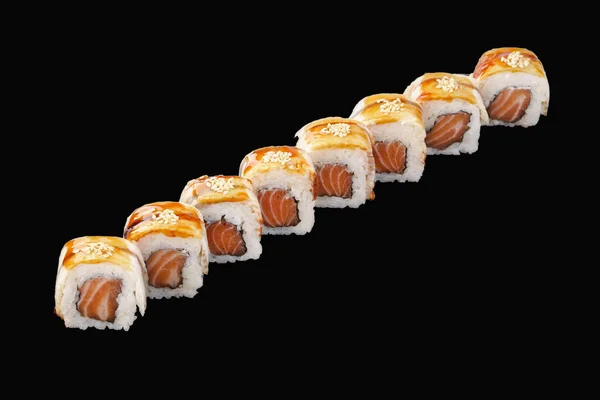 Sushi Roll Met Zalm Paling Japanse Mayonaise Unagi Saus Sesam — Stockfoto
