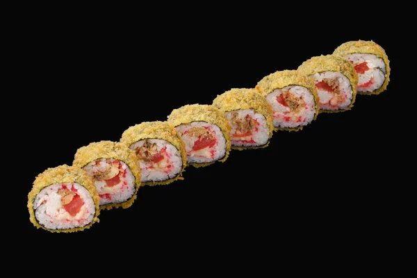 Gorący Sushi Roll Smażony Łosoś Krab Śnieżny Ser Mozzarella Pomidor — Zdjęcie stockowe