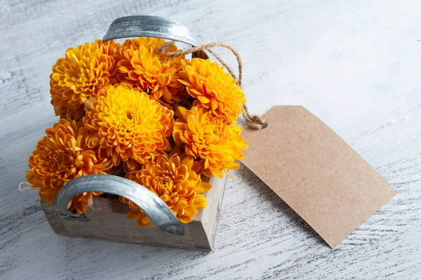 Orange Chrysanthemum Flowers Wooden Box Rustic Background Greeting Card Tag — Stock Photo, Image