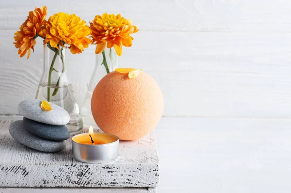 Aroma Bath Bomb Spa Composition Orange Flowers Pebbles Aromatherapy Arrangement — Stock Photo, Image