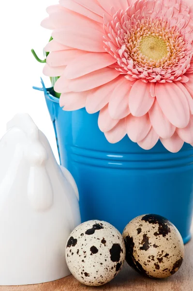 Easter setting with quail eggs and pink gerbera — Stock Photo, Image