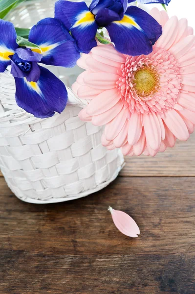 Blauwe irisis en roze gerbera daisy flower in witte mand — Stockfoto