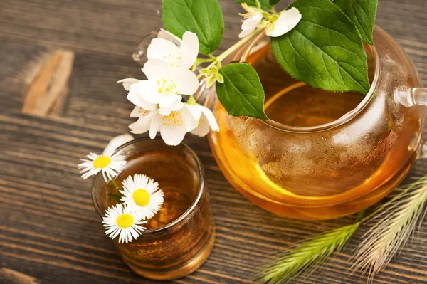 Jasmine tea in a glass tea pot on dark wooden background — Stock Photo, Image