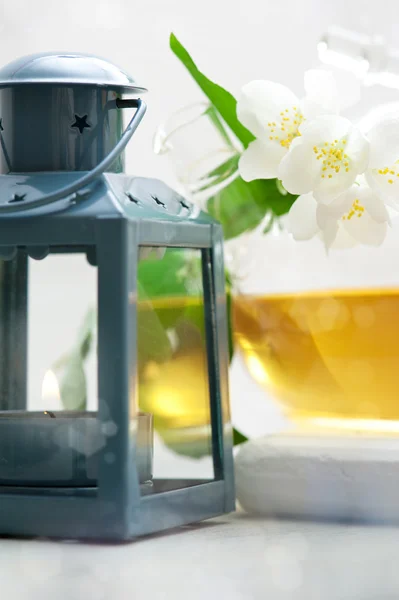 Jasmine tea in a glass tea pot on wooden background — Stock Photo, Image