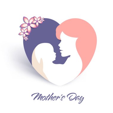 Anneler Günü tebrik kartı, bebeğiyle birlikte anne silueti ve çiçekleri çiziyor. Kadınlar günü.