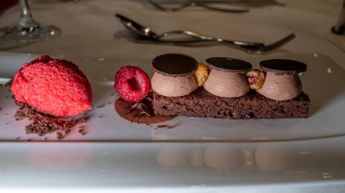 Ahududulu, fındıklı ve dondurmalı çikolatalı pasta. Lezzetli tatlı. Tatlı ve lezzetli..