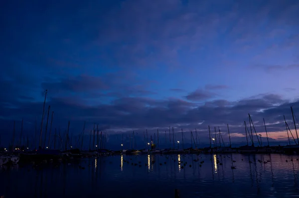 Coucher Soleil Sur Lac Scène Tranquille Port Ouchy Lausanne Suisse — Photo