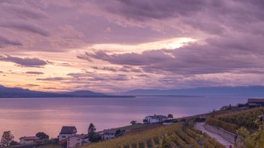 Gökyüzü ve bulutlarla Leman Gölü (Cenevre Gölü) üzerindeki üzüm bağlarının manzarası. Ünlü Lavaux bölgesi, Vaud Canton, İsviçre. Sakin sahne.