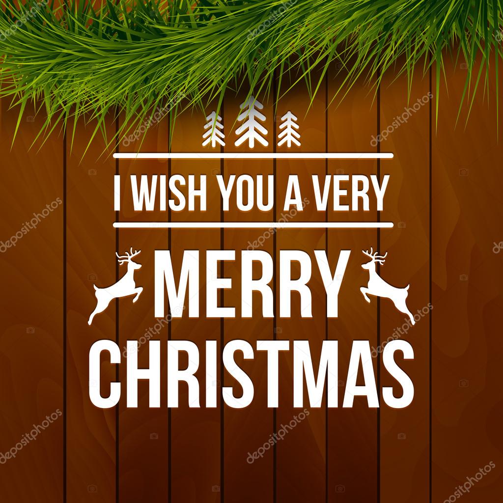 Merry Christmas design typography lettering greeting card with snowflakes and xmas tree background on wood Happy New Year template
