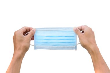 Beyaz arkaplandaki yüz maskeleri / Beyaz arkaplanda hijyenik maskeyi tutun