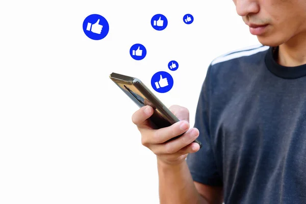 Чоловік Торкається Екрана Показу Емоції Соціальних Мережах Смартфоні — стокове фото